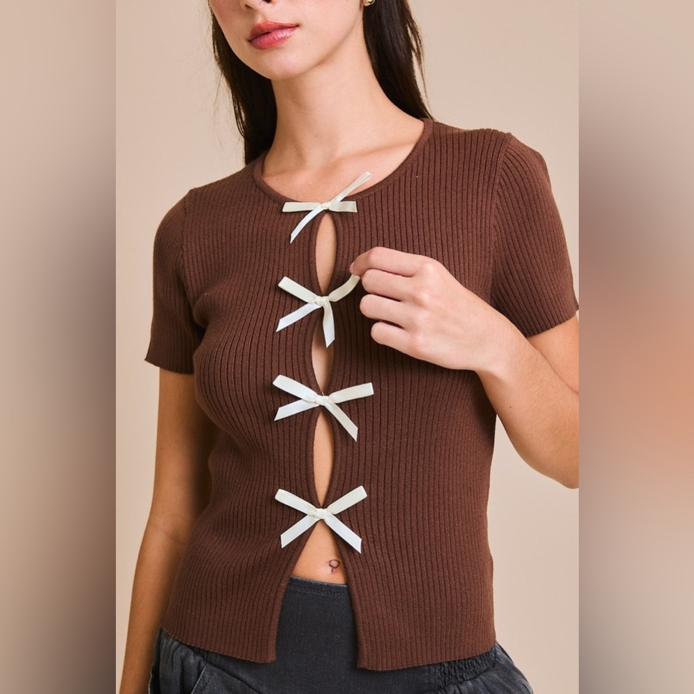Satin Bow Cutout Short Sleeve Knit Top - Le Lis